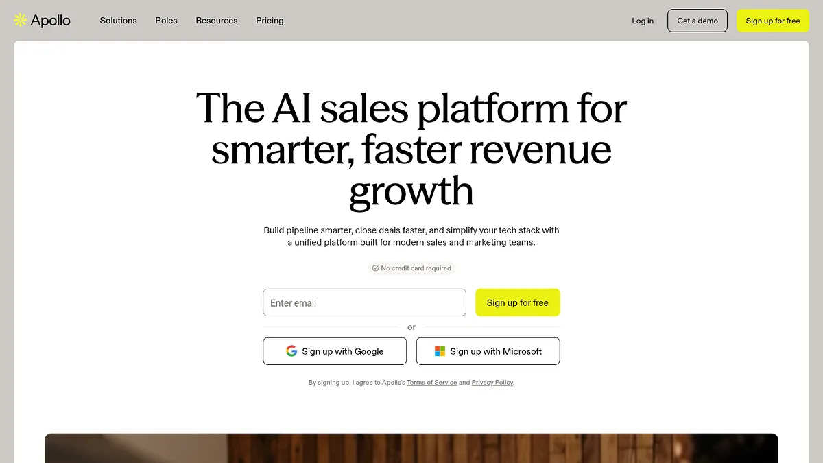Apollo.io homepage headlined The AI sales platform for smarter, faster revenue growth