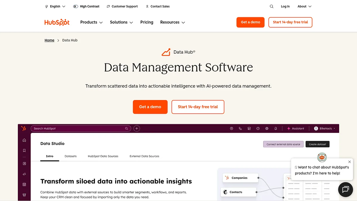 HubSpot Data Hub product page covering data management and enrichment