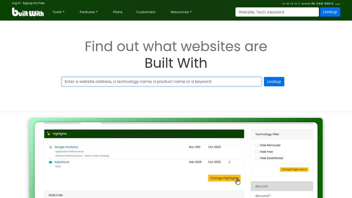 BuiltWith homepage lookup box for checking what technologies a website uses