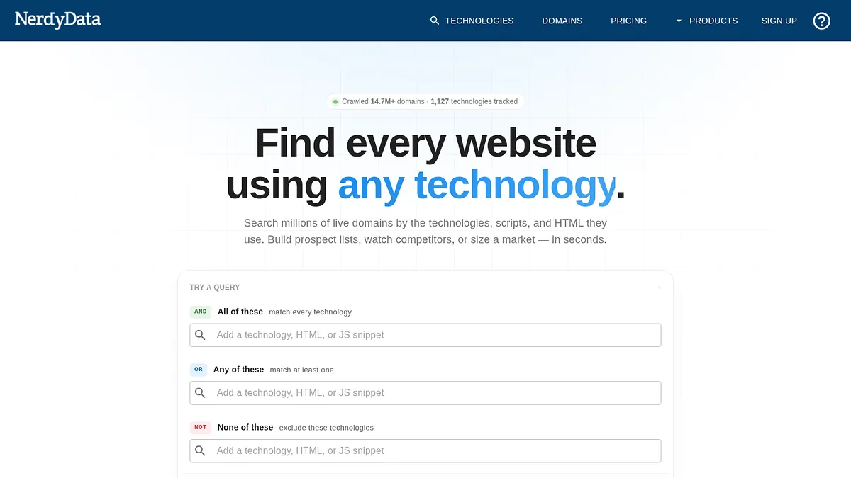 NerdyData search builder for finding websites by technology, script or HTML snippet