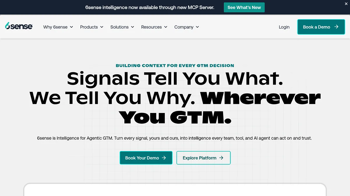 6sense homepage headlined Signals Tell You What. We Tell You Why. Wherever You GTM.