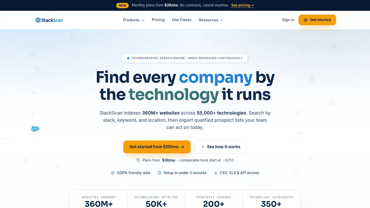 StackScan homepage showing technology search with 360M+ websites and 55,000+ technologies indexed