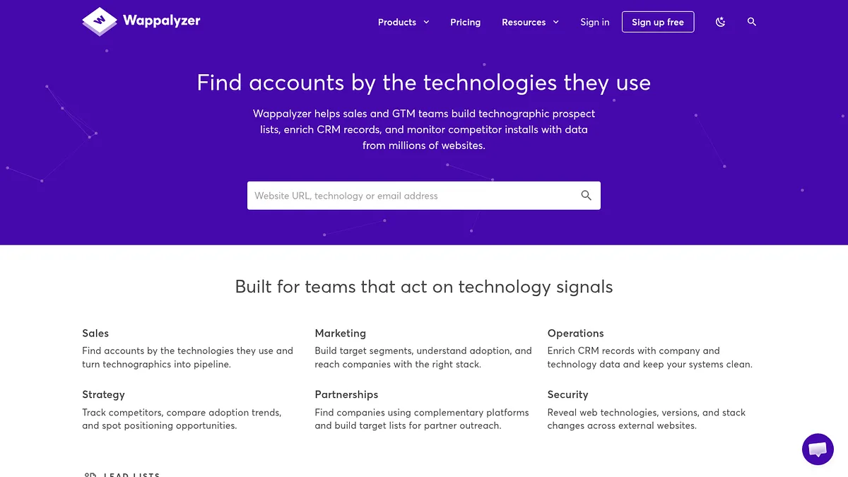 Wappalyzer homepage with a lookup box and use cases for sales, marketing and operations teams