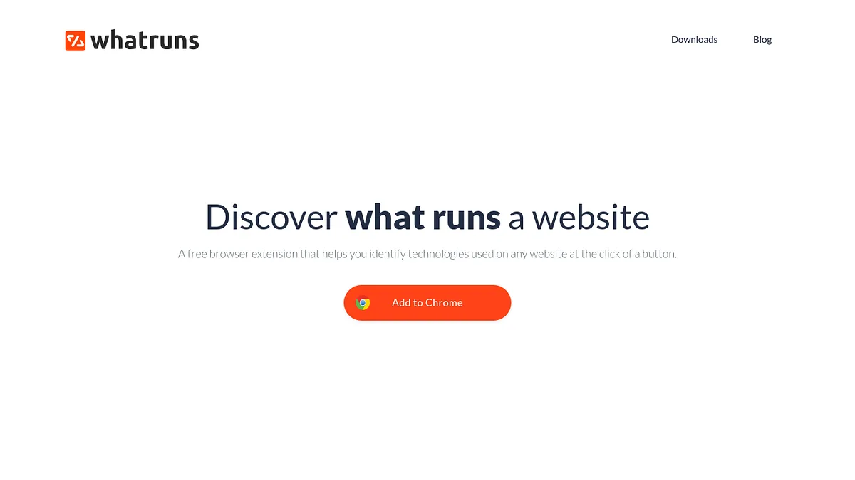 WhatRuns homepage offering a free browser extension for identifying website technologies